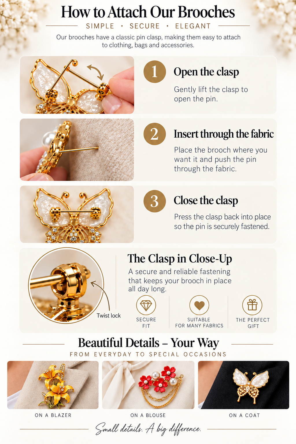 How to fasten our brooches – open the pin clasp, push the pin through the fabric, close the clasp