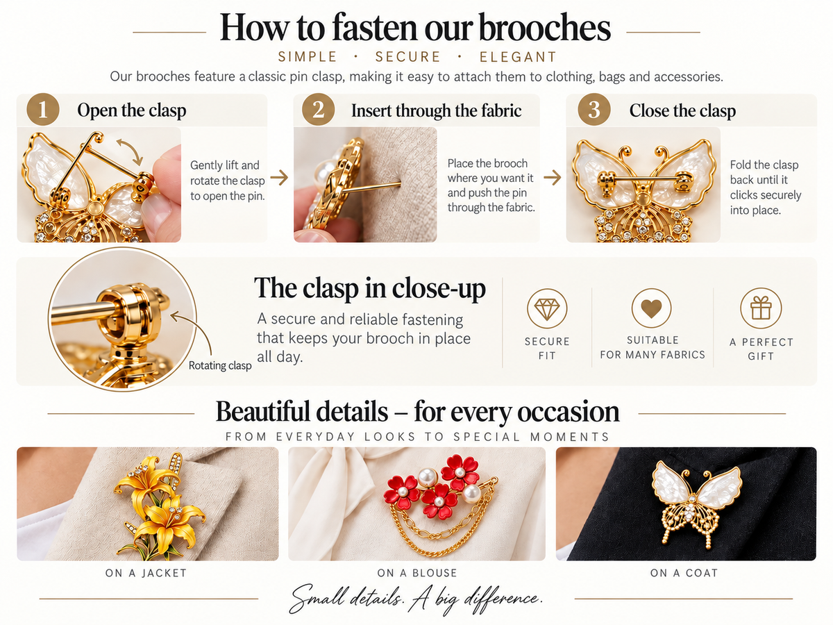 How to fasten our brooches – open the pin clasp, push the pin through the fabric, close the clasp